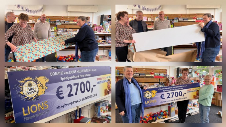 2025-10 Speelgoedbank Heerenveen ontvangt cheque Wijnroute Lions 2.0 collage